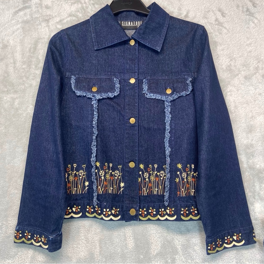 Denim Jacket Women’s Embroidered Lightweight One of a kind Sparkly Dark Wash M